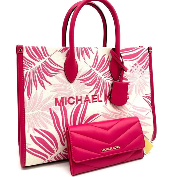 Michael Kors Medium Mirella Tote Bag & Large Trifold Wallet Electric Pink Multi - Picture 1 of 14